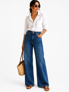 H&M Wide Leg High Rise Jeans Women's US 8 EU 40 Medium Wash Stretch Denim